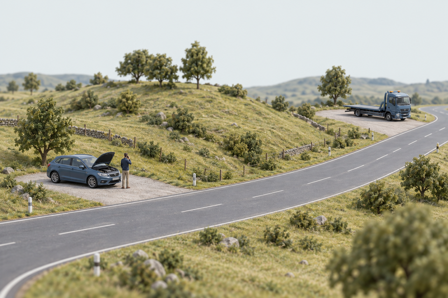 Scène illustrative : un automobiliste attend près de sa voiture en panne, tandis qu’une dépanneuse se trouve sur une autre aire de stationnement.
